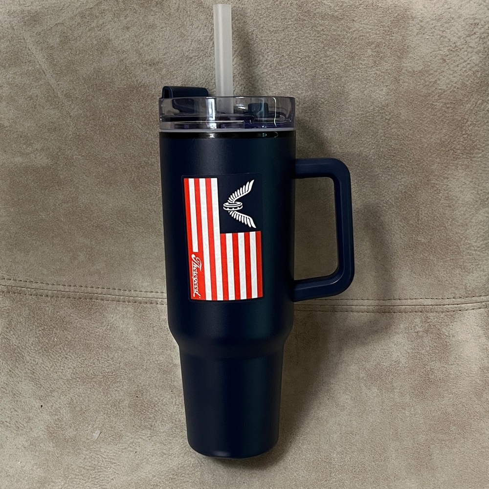 Navy Travel Mug with Handle and Straw - American Flag Accent
